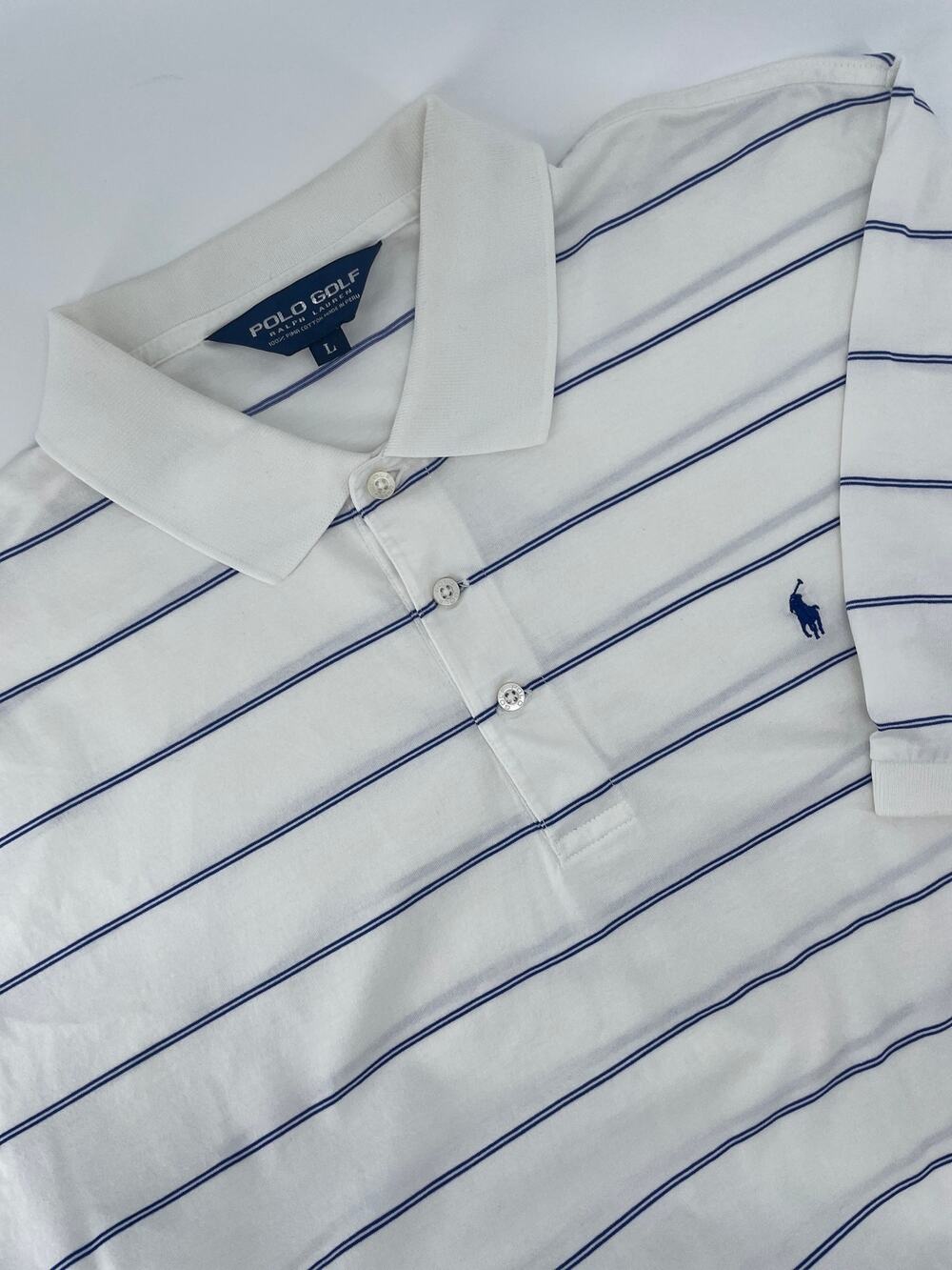 VNTG Ralph Lauren Polo Golf Polo Shirt Men’s L White w/Blue Stripes 90’s Preppy